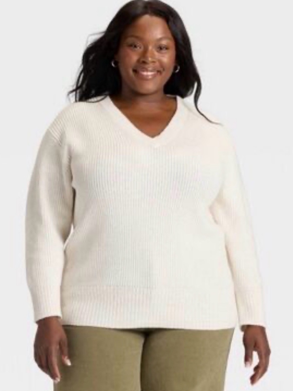 Ava & Viv Cream Ribbed V-Neck Sweater
